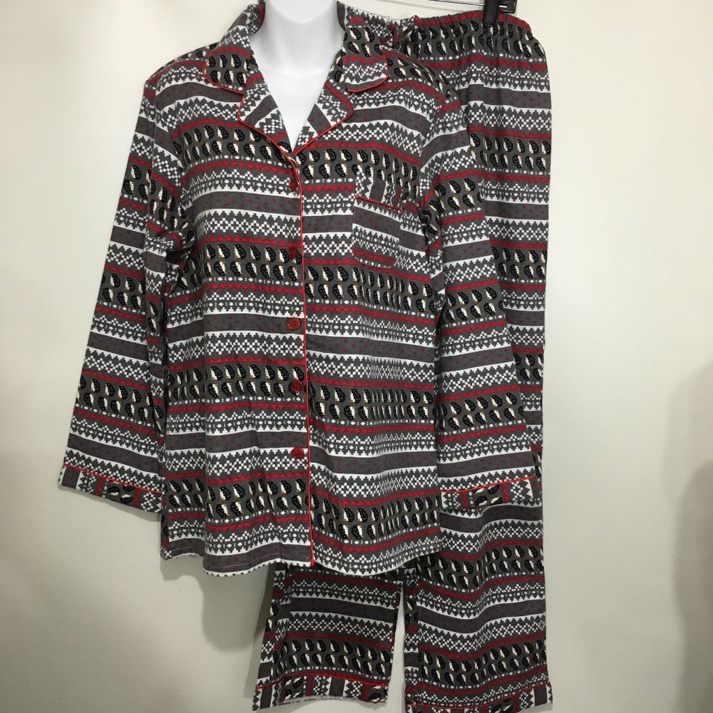 True North Canada Womens L Penguins Flannel Pajamas Top Pants Set Gray Red